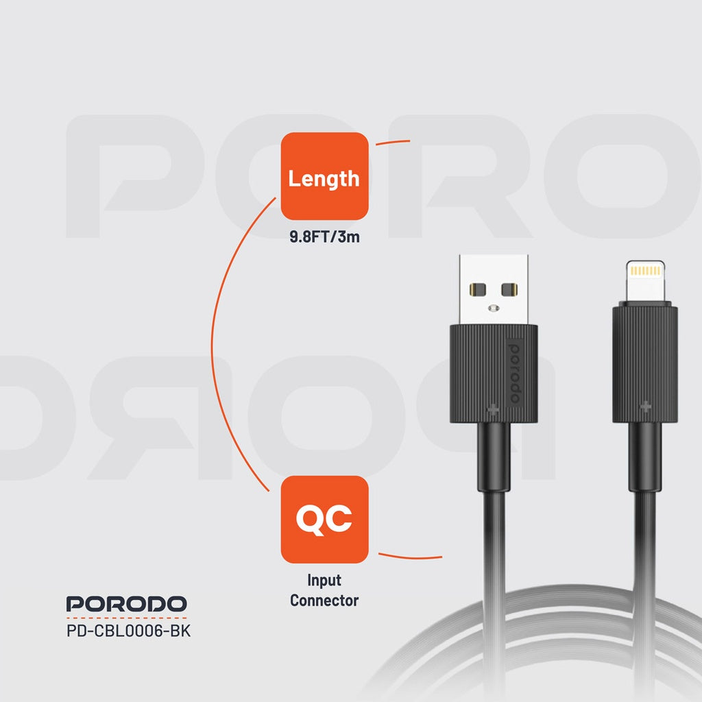 PD-CBL0002-BK , Porodo USB-A to Lightning Durable Charging Cable - Black PD-CBL0002-BK , Porodo USB-A to Lightning Durable Charging Cable - Black